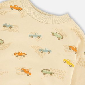 Deux par Deux beige French terry sweatshirt with all‑over jeep print for kids