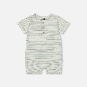 Organic Cotton Romper White Printed Mint Green Lines