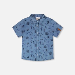 Chambray Short-Sleeve Shirt Blue Printed Skateboards