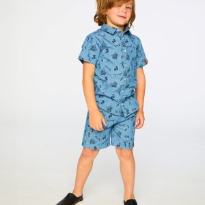 Chambray Short-Sleeve Shirt Blue Printed Skateboards - Image 2