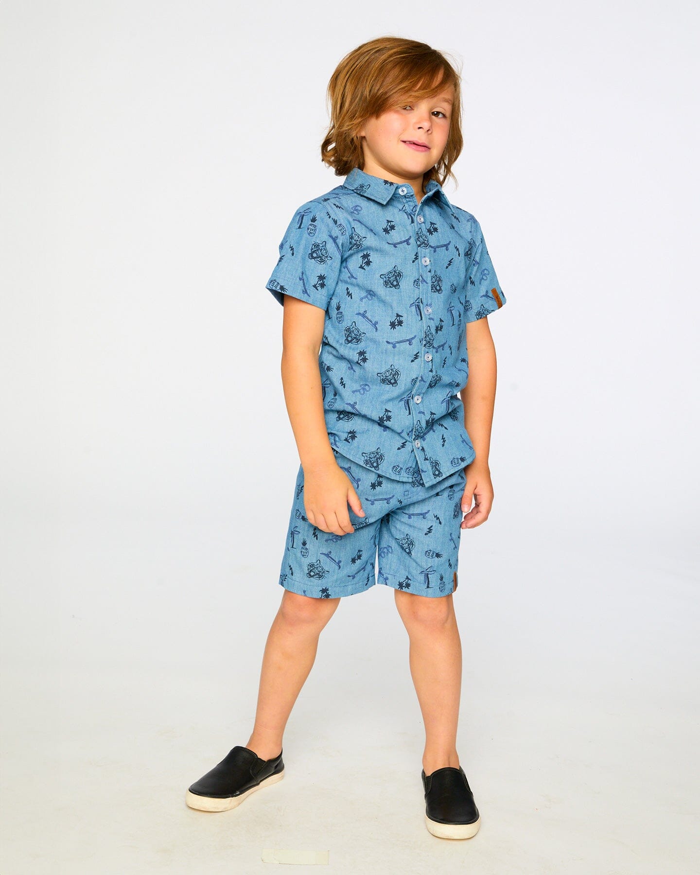 Chambray Short-Sleeve Shirt Blue Printed Skateboards - Image 2