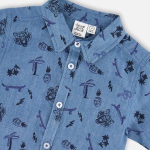 Chambray Short-Sleeve Shirt Blue Printed Skateboards - Image 4