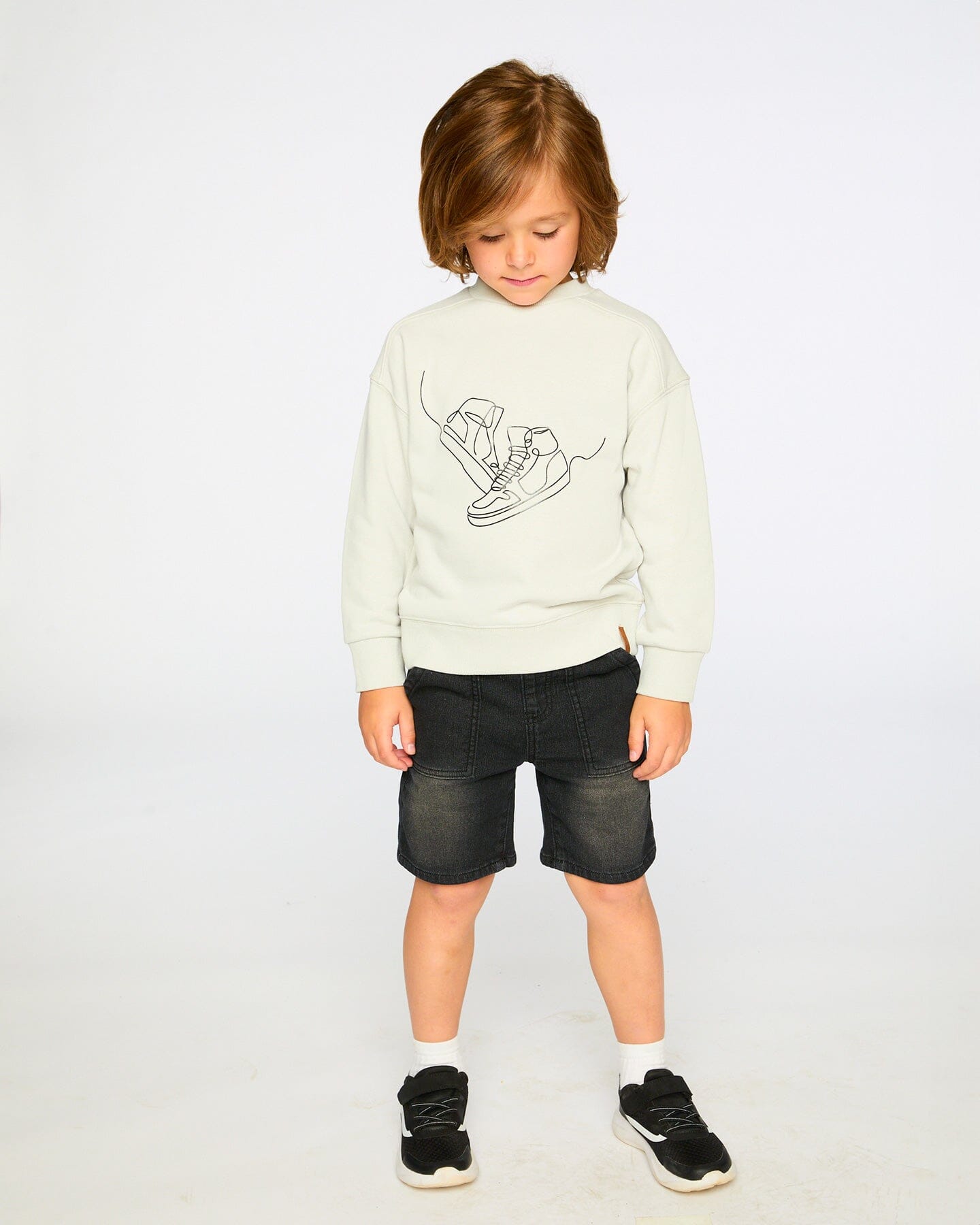 Deux par Deux pale grey French terry sweatshirt with tonal sneaker graphic for kids