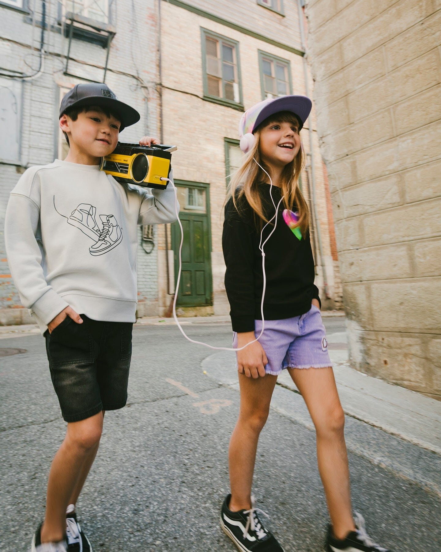 Deux par Deux pale grey French terry sweatshirt with tonal sneaker graphic for kids