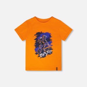 Organic Cotton Jersey T-Shirt With Bmx Print Orange