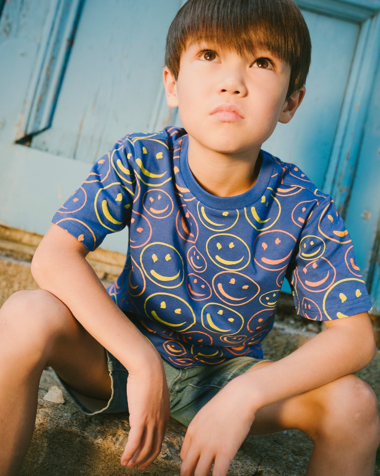 Organic Cotton Jersey T-Shirt Blue Smiley Print - Image 2