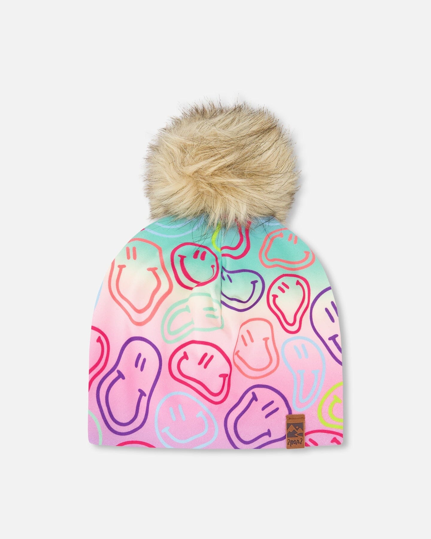 Stretch Jersey Hat Multicolored Printed Smileys With Pompom - Image 7