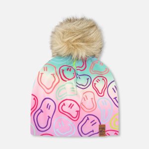 Stretch Jersey Hat Multicolored Printed Smileys With Pompom