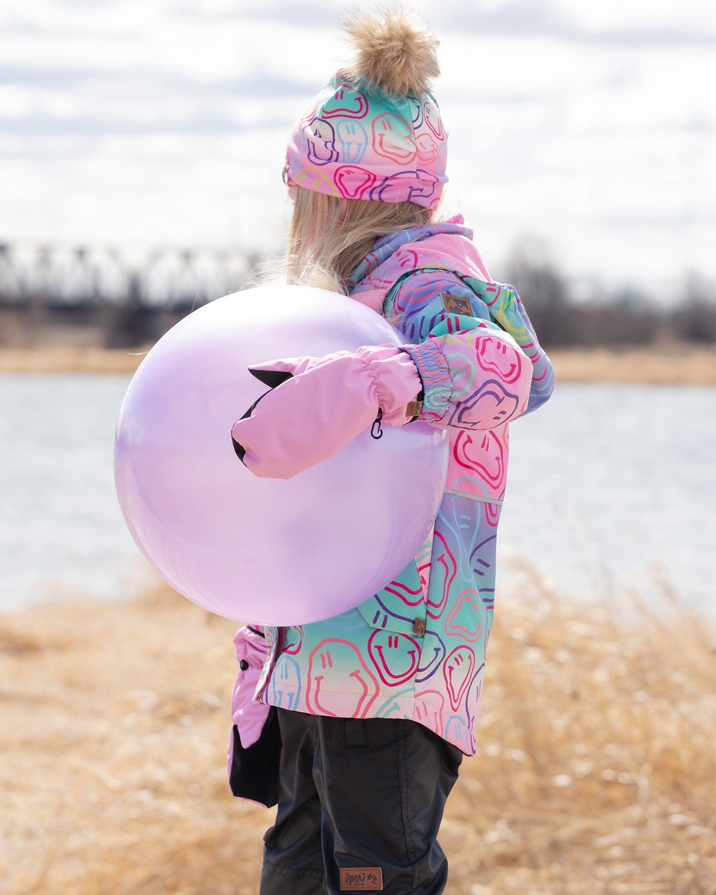 Stretch Jersey Hat Multicolored Printed Smileys With Pompom - Image 2