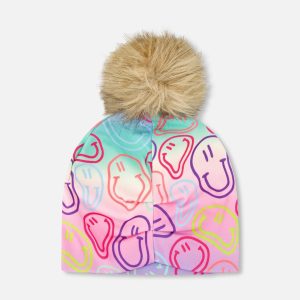 Stretch Jersey Hat Multicolored Printed Smileys With Pompom - Image 4