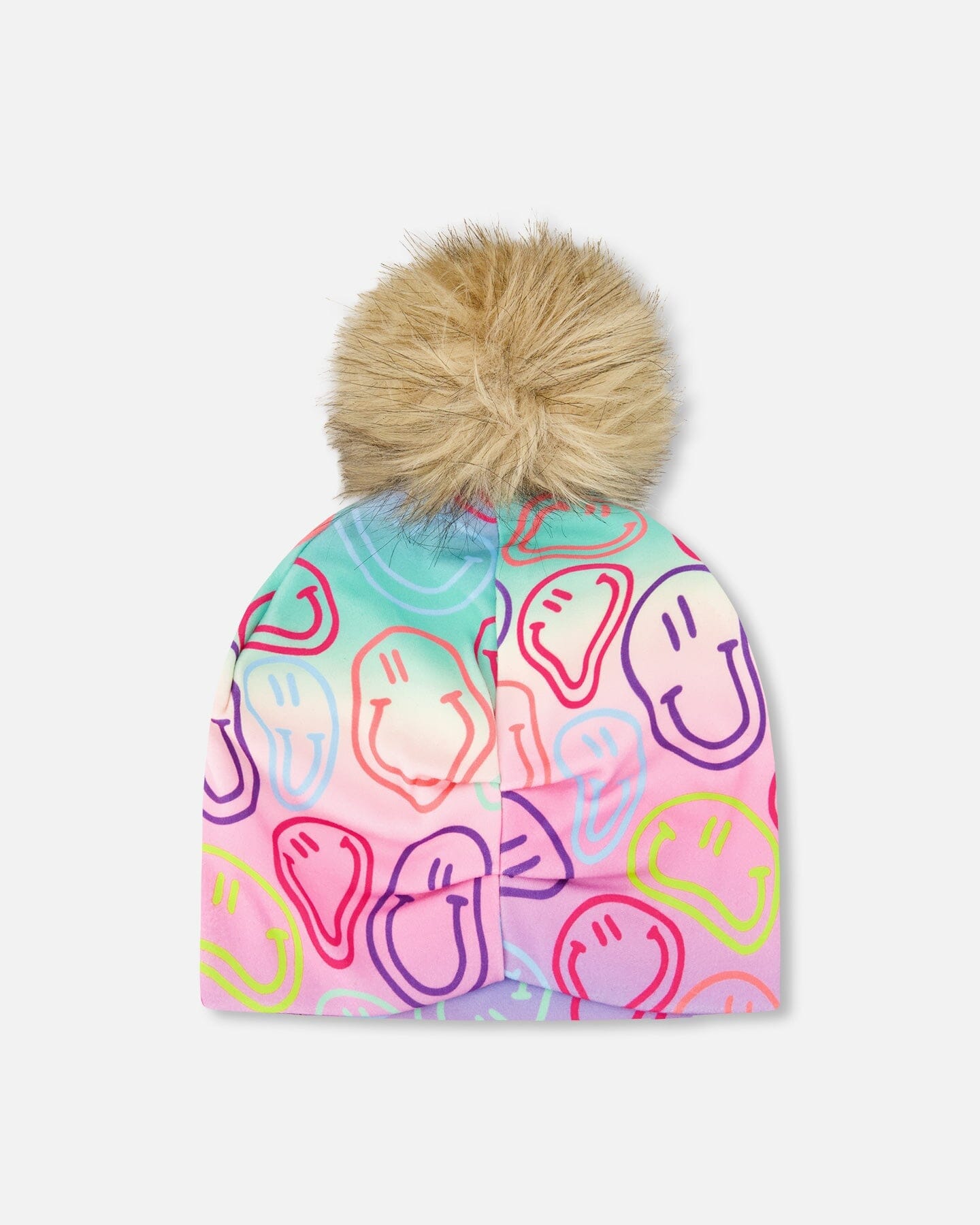 Stretch Jersey Hat Multicolored Printed Smileys With Pompom - Image 4