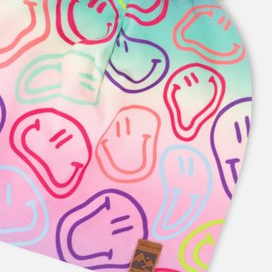 Stretch Jersey Hat Multicolored Printed Smileys With Pompom - Image 5