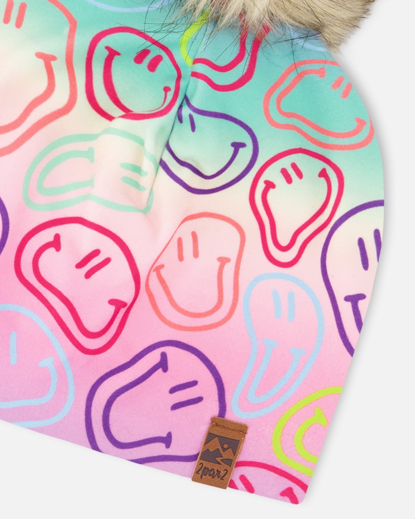 Stretch Jersey Hat Multicolored Printed Smileys With Pompom - Image 5