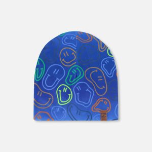 Stretch Jersey Beanie Blue Printed Smileys