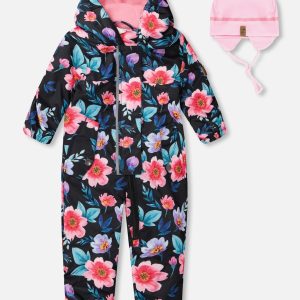 Baby Mid-Season One-Piece Outerwear With Hat Black Printed Flowers