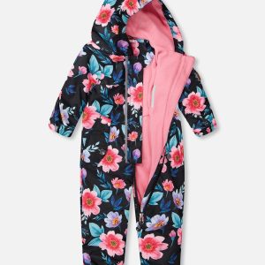 Baby Mid-Season One-Piece Outerwear With Hat Black Printed Flowers - Image 4