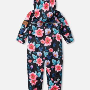 Baby Mid-Season One-Piece Outerwear With Hat Black Printed Flowers - Image 5