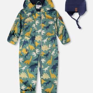 Baby Mid-Season One-Piece Outerwear With Hat Green Dinosaur Print - Image 6