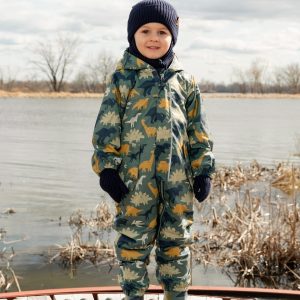 Baby Mid-Season One-Piece Outerwear With Hat Green Dinosaur Print - Image 3