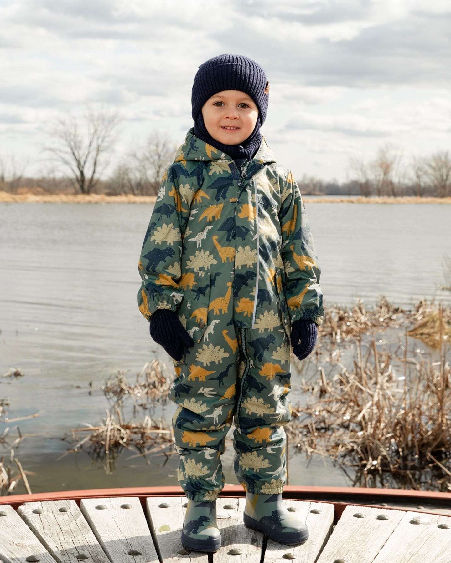 Baby Mid-Season One-Piece Outerwear With Hat Green Dinosaur Print - Image 3