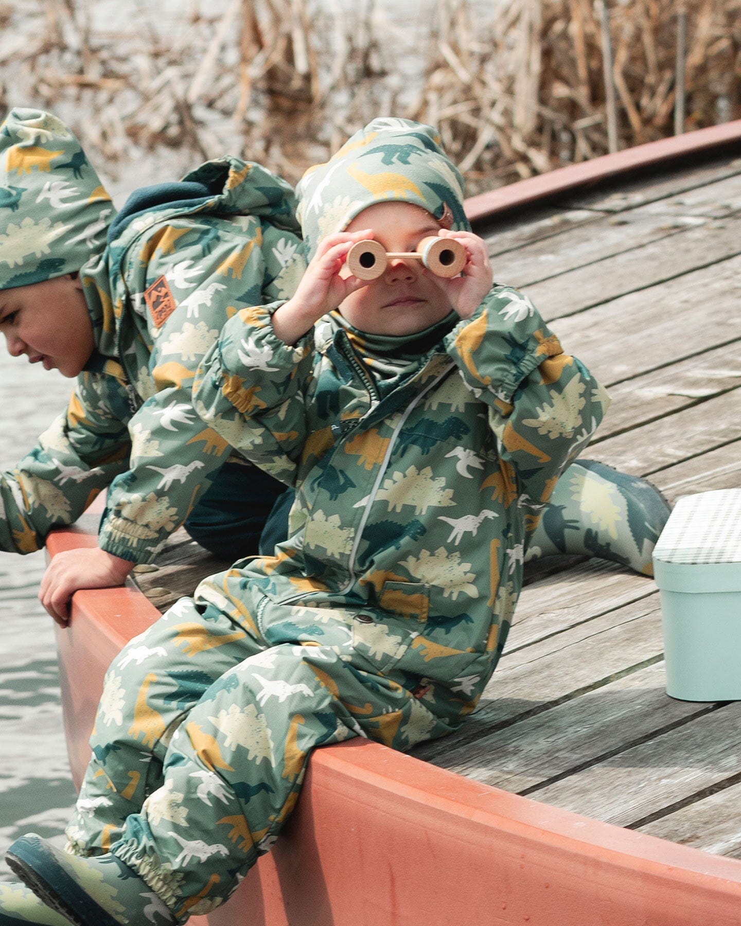 Baby Mid-Season One-Piece Outerwear With Hat Green Dinosaur Print - Image 2