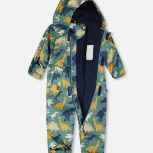 Baby Mid-Season One-Piece Outerwear With Hat Green Dinosaur Print - Image 4