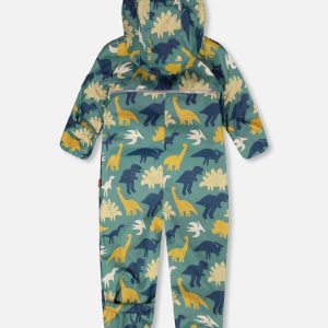 Baby Mid-Season One-Piece Outerwear With Hat Green Dinosaur Print - Image 5