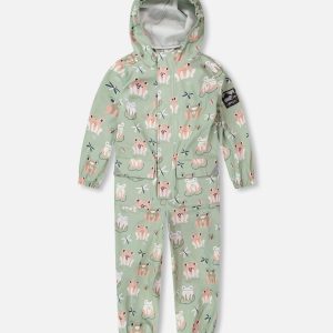 Green rain jumpsuit with color-changing frogs print