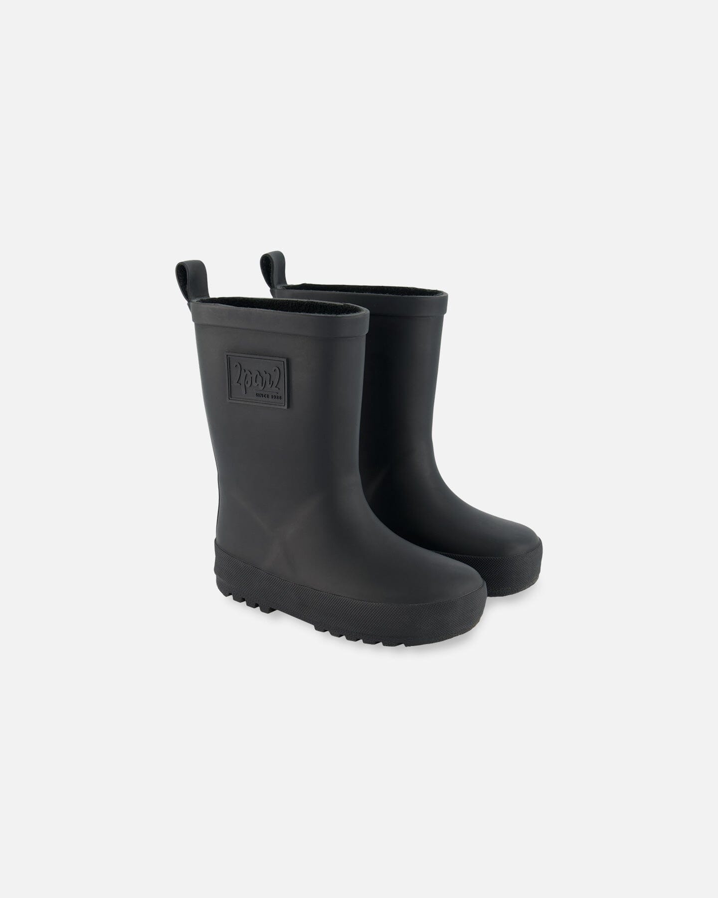 Deux par Deux black natural‑rubber rain boots with plush lining for kids