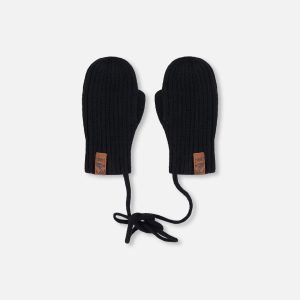 Baby Knit Mittens With Cord Black
