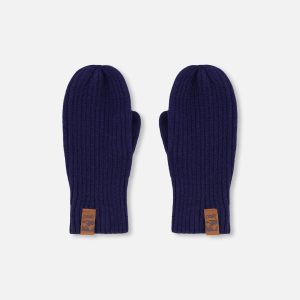 Ribbed Knit Mittens Navy Blue