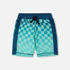 Athletic Shorts In Recycled Polyester Teal Printed Checkerboard