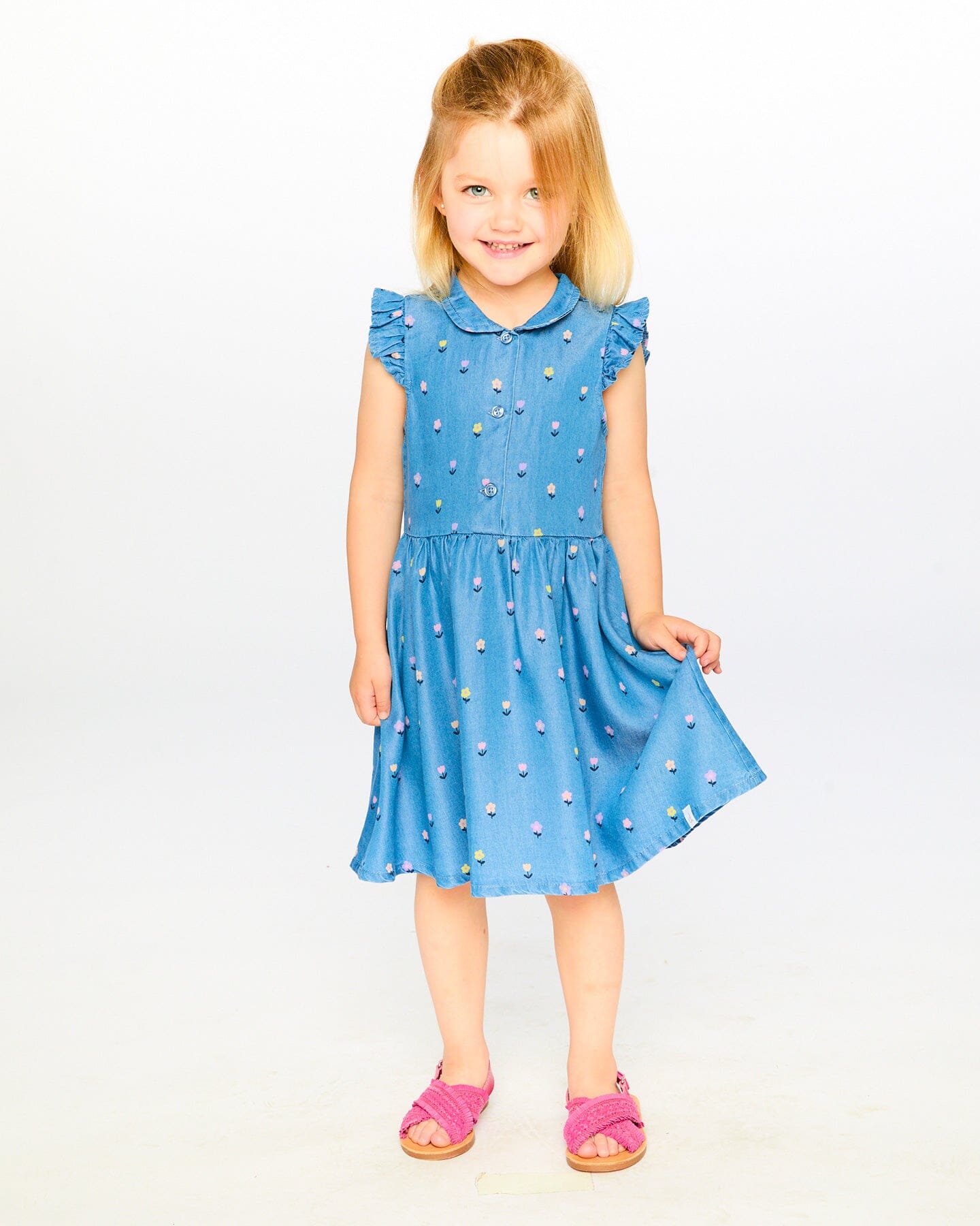 Sleeveless Button Down Dress Blue Flower Print - Image 2