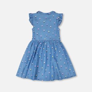 Sleeveless Button Down Dress Blue Flower Print - Image 3