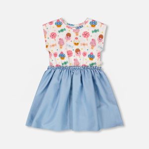 Bi-Material Dress White Candy Print