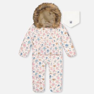 Baby Snug One Piece Snowsuit Adapted For Car Seats White With Floral Print