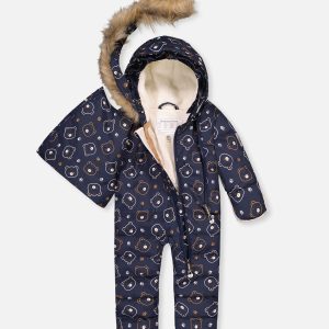 Baby Snug One Piece Snowsuit Adapted For Car Seats Blue Printed Teddy Bears - Image 3