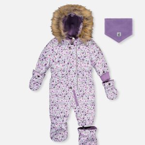 Baby Original One Piece Puffy Snowsuit With Removable Mittens And Boots Purple Printed Mini Flowers - Image 9