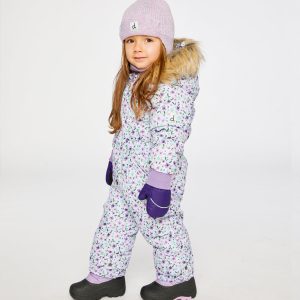 Baby Original One Piece Puffy Snowsuit With Removable Mittens And Boots Purple Printed Mini Flowers - Image 3