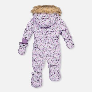 Baby Original One Piece Puffy Snowsuit With Removable Mittens And Boots Purple Printed Mini Flowers - Image 5