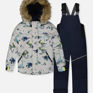 Two Piece Discover Snowsuit Grey Skiing Dinosaur Print