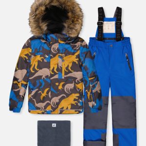 Two Piece Play Snowsuit Grey And Blue Dinosaur Print With Blue Pants