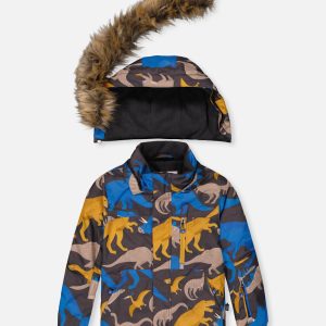 Two Piece Play Snowsuit Grey And Blue Dinosaur Print With Blue Pants - Image 5