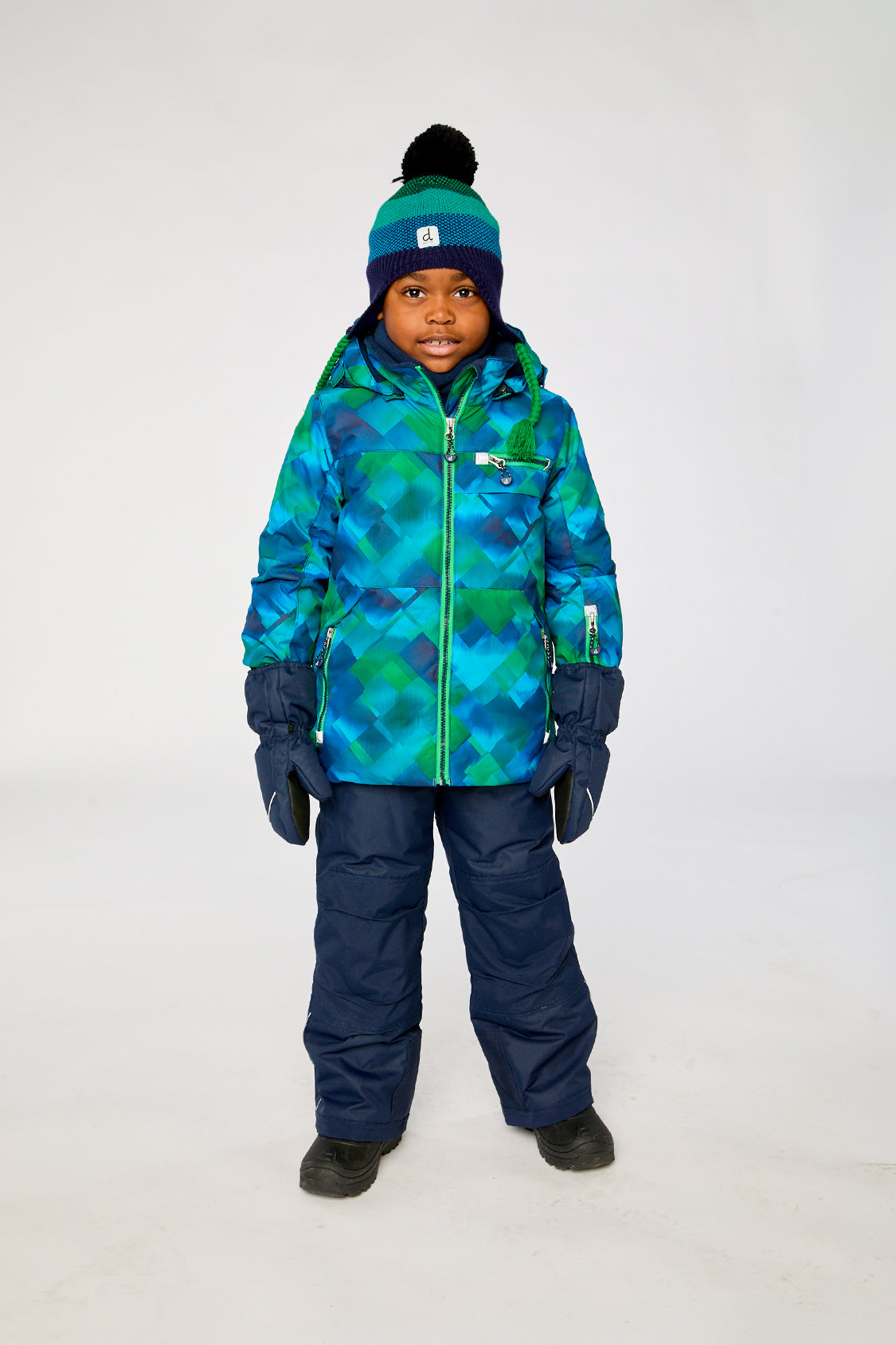 Two Piece Play Snowsuit Blue And Green Checkered Print With Navy Pants - Image 2