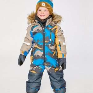 Kids One Piece Play Snowsuit Grey And Blue Dinosaur Print - Image 4
