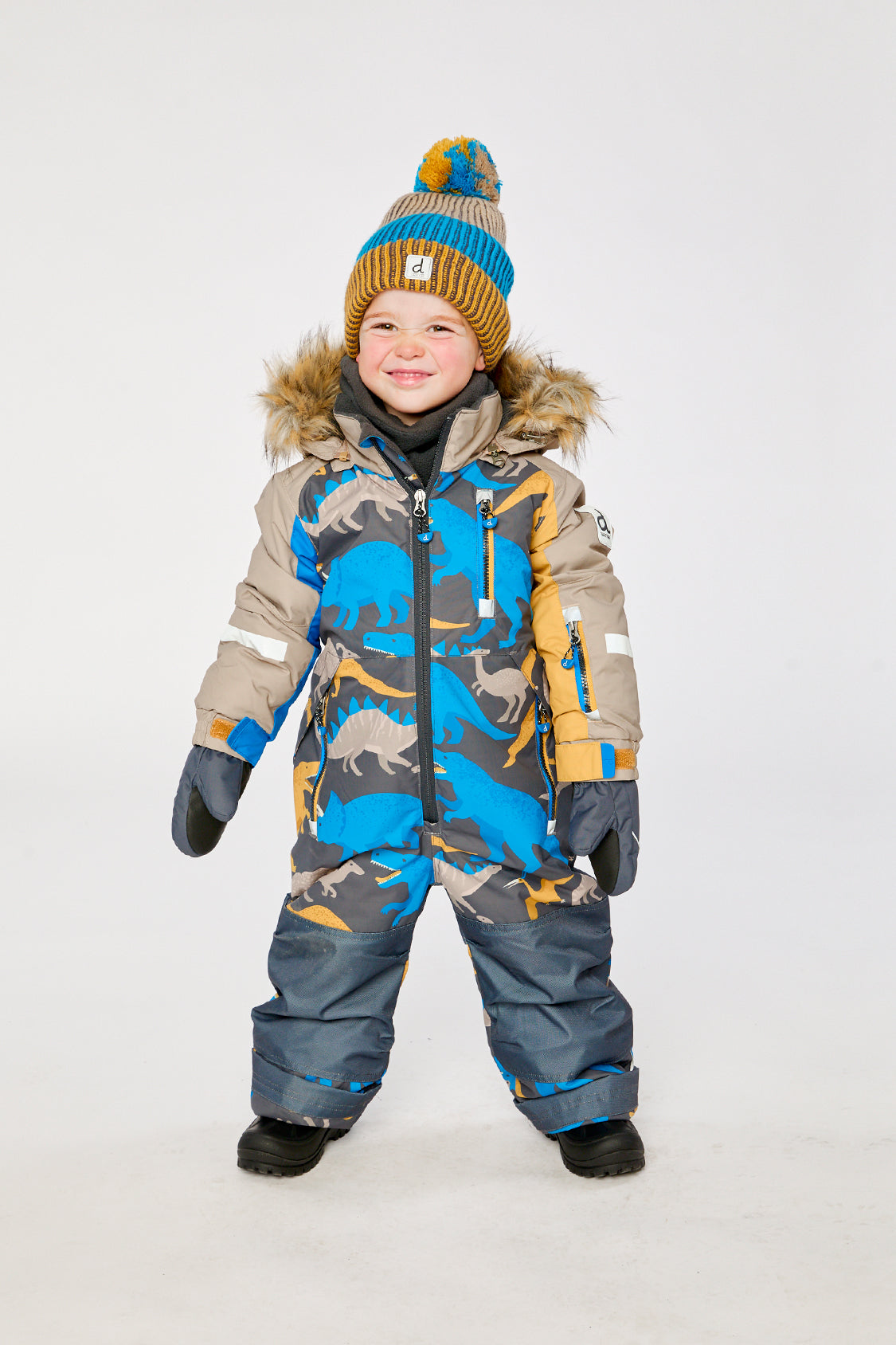 Kids One Piece Play Snowsuit Grey And Blue Dinosaur Print - Image 4