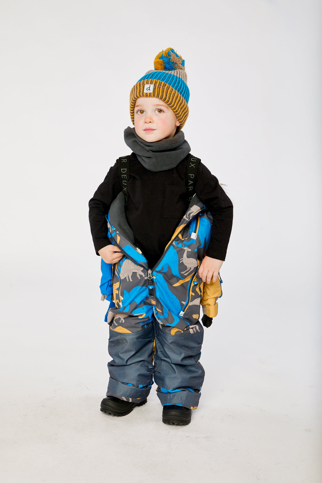 Kids One Piece Play Snowsuit Grey And Blue Dinosaur Print - Image 5