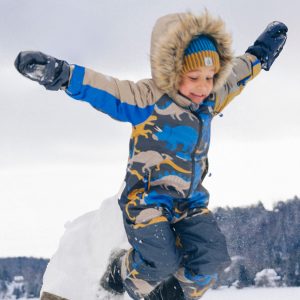 Kids One Piece Play Snowsuit Grey And Blue Dinosaur Print - Image 2