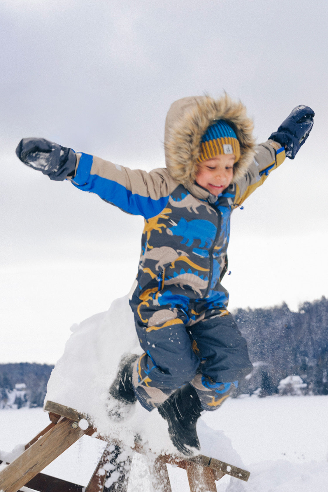 Kids One Piece Play Snowsuit Grey And Blue Dinosaur Print - Image 2