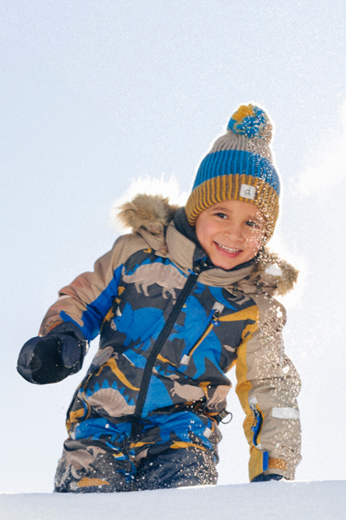 Kids One Piece Play Snowsuit Grey And Blue Dinosaur Print - Image 3